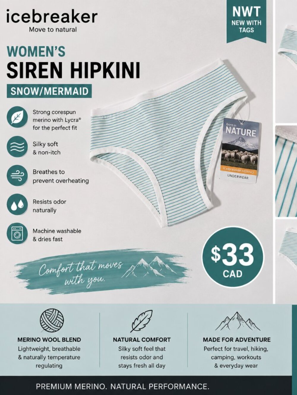 NWT Icebreaker Siren Hipkini Merino Underwear XL